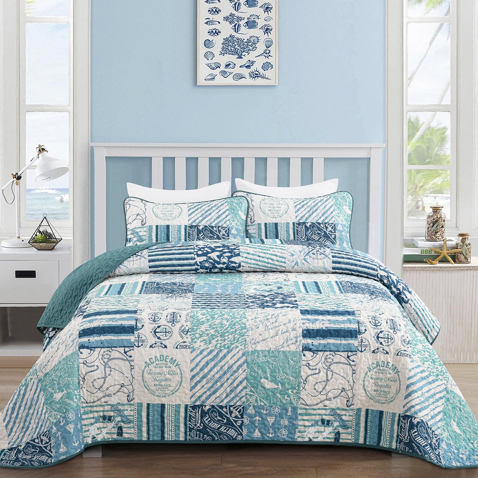 Dinjoy Summer Nautical Ocean Quilt Set Twin Size, Beige Blue Green Beach Coastal Themed Bedding Set Retro Anchor Sailboat Patter